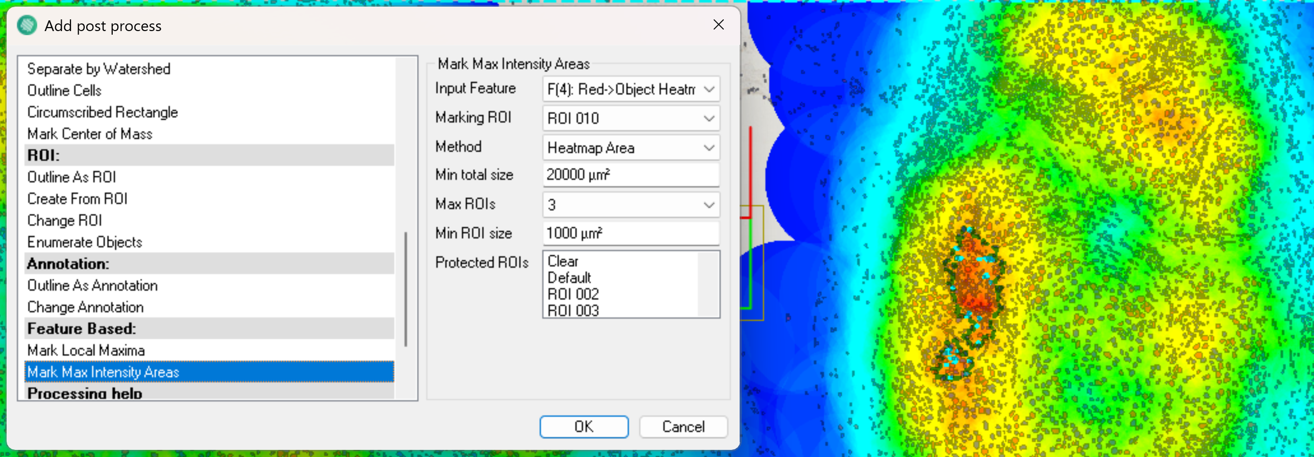 Mark Max Intensity Areas using the Heatmap Area method. This example was performed on a Ki67 tissue sample, where an object heatmap using object count was applied to identify the areas with the highest intensity of positive nuclei.