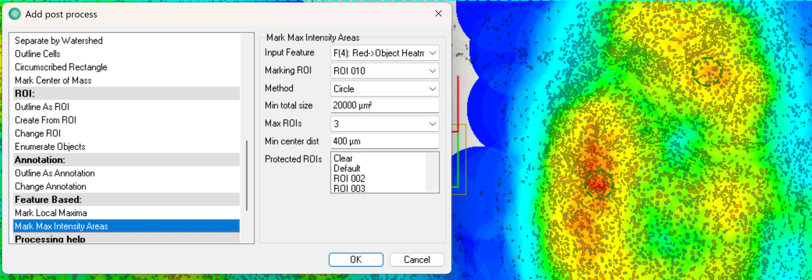 Mark Max Intensity Areas using the Circle method. This example was performed on a Ki67 tissue sample, where an object heatmap using object count was applied to identify the areas with the highest intensity of positive nuclei. 