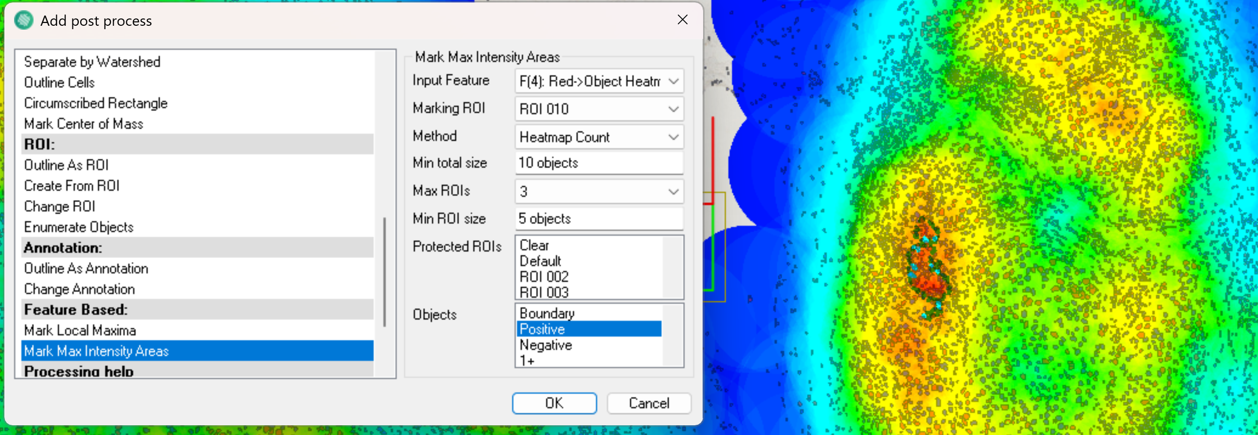 Mark Max Intensity Areas using the Heatmap Count method. This example was performed on a Ki67 tissue sample, where an object heatmap using object count was applied to identify the areas with the highest intensity of positive nuclei.