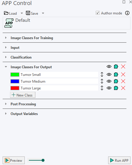 Image Classes for Output section in the APP Control dialog.