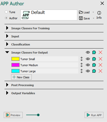 Image Classes for Output section in the APP author dialog.
