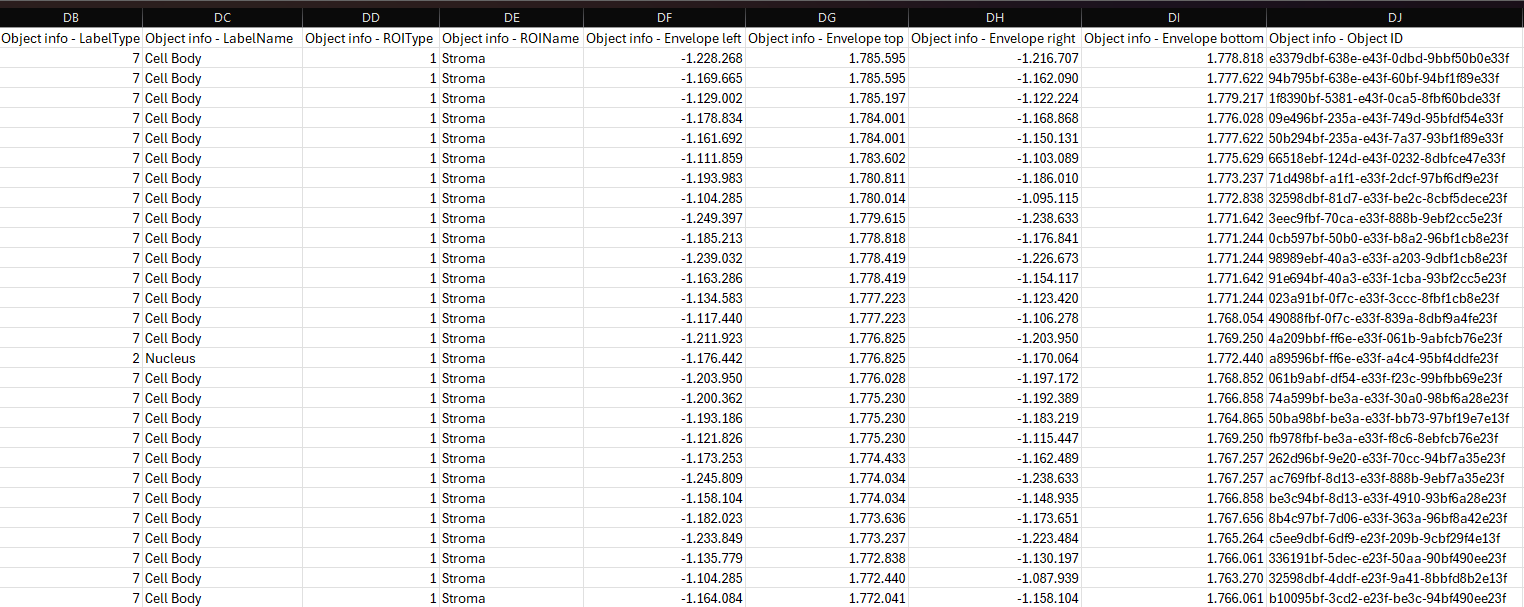 Example of the Object info data when exported as a TSV file and opened in Excel.