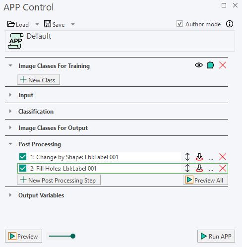 Post Processing section in the APP Control dialog.