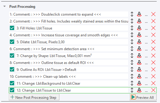 Example of comments added to the post-processing section of the 10187 - Tissue Detection (Brightfield) QuickStart APP to document the purpose and intended behavior of individual steps.