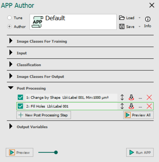 Post Processing section in the APP author dialog.