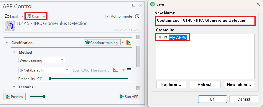 Saving the modified  10145 - IHC, Glomerulus Detection APP as Customized  10145 - IHC, Glomerulus Detection, under My APPs.
