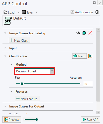Decision Forest Method in the Classification section of the APP Control.