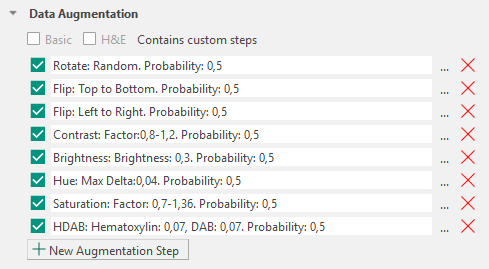 The Data Augmentation tab, showing the augmentation steps applied by default to the deep learning model.