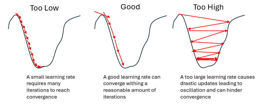 Sketch illustrating the effect of the learning rate using a simplified loss landscape. The horizontal direction represents model parameters and the vertical direction represents the loss value. The valley corresponds to regions of lower loss (e.g., good predictions), and the arrows indicate successive parameter updates.The learning rate controls the step size of these updates and therefore determines how efficiently and stably training progresses toward a minimum.