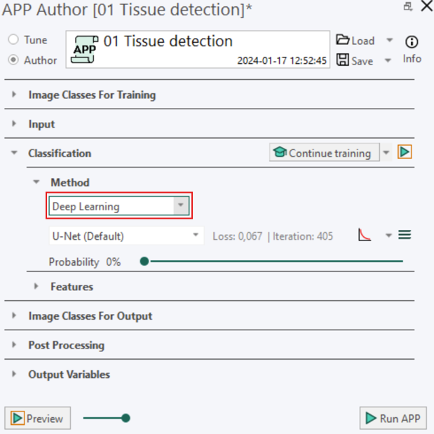 The Deep learning Method in the Classification section of the APP author.