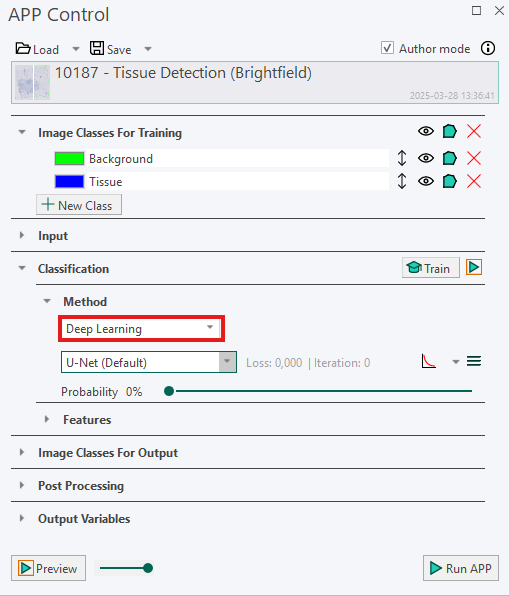 The Deep learning Method in the Classification section of the APP Control.