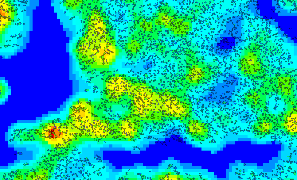 The resulting heatmap of positive nuclei using object count. High intensity regions are red and low intensity regions are blue (Lymph Node).