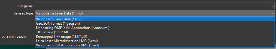Use separate file formats depending on the layer of data to be exported. .mld exports all layer data, while .xml files extract only the ROI data.