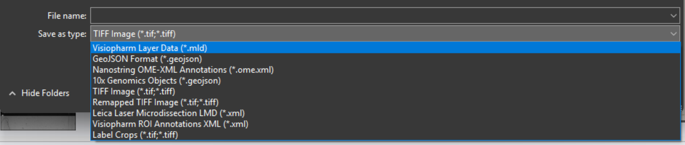 Use separate file formats for export depending on the layer data. .mld exports all layer data, while .xml files extract only the ROI data etc.