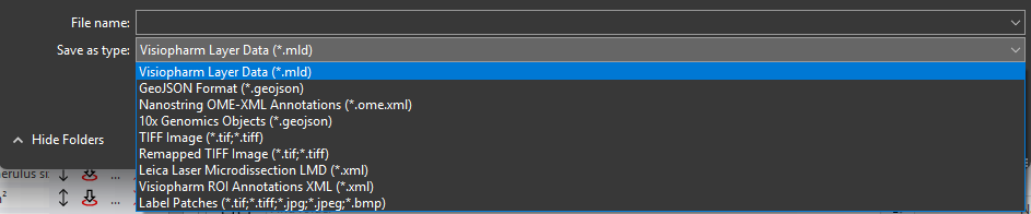 Use separate file formats for export depending on the layer data. .mld exports all layer data, while .xml files extract only the ROI data etc.
