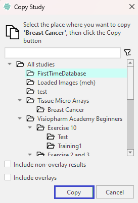 Pressing the 'copy' button will complete the copying of the 'Breast Cancer' into the 'FirstTimeDatabase' folder.