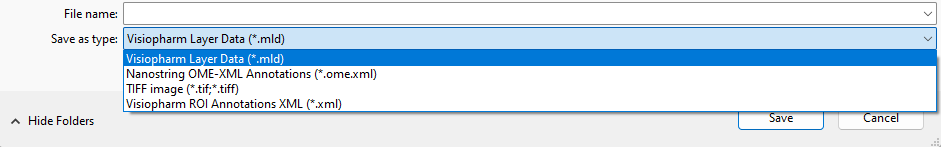 Use seperate file formats according to which layer data you want to export. .mld exports all layer data, while .xml files extract only the ROI data.