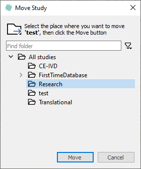 Pressing the 'move' button will complete the moving of the 'test' folder into the 'Research' folder.