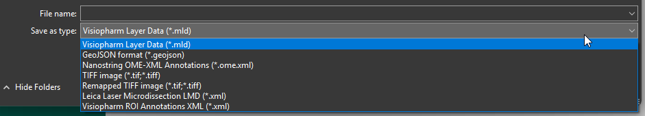 Use separate file formats depending on the layer of data to be exported. .mld exports all layer data, while .xml files extract only the ROI data.