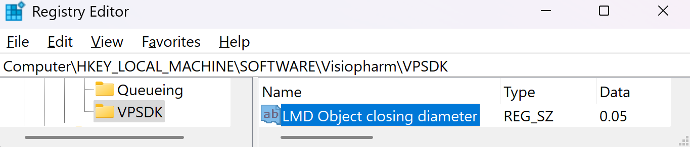 Registry Editor showing the closing diameter setting.