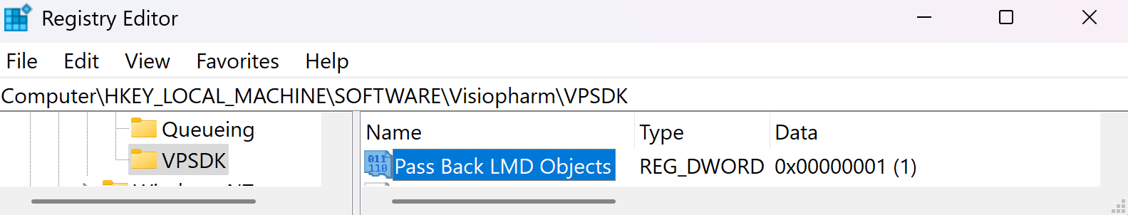 Registry Editor showing the Pass Back LMD Objects setting.