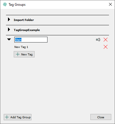 Manage your tags and tag groups in this dialog. Click close when you are done.