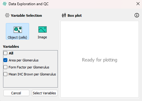 The Variable Selection submenu for a Box plot.