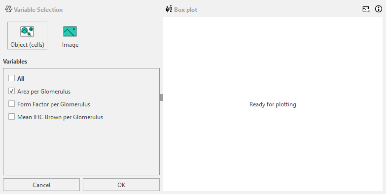 The Variable Selection submenu for a Box plot.