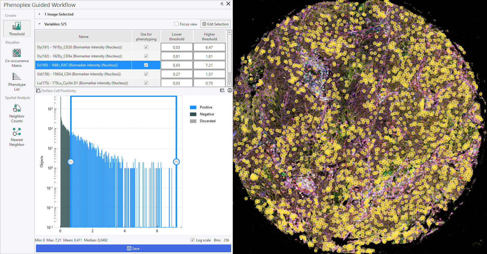 Live preview of positive cells for stain Sm(154). Positive cells are indicated with a yellow dot