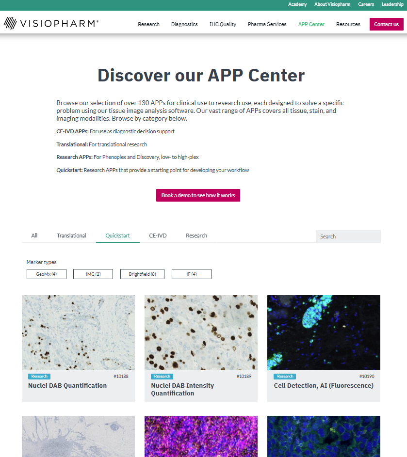 The APP center website page showing and describing the selection of APP provided by Visiopharm.