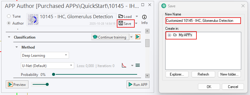 Saving the modified 10145 - IHC, Glomerulus Detection APP as Customized 10145 - IHC, Glomerulus Detection, under My APPs.