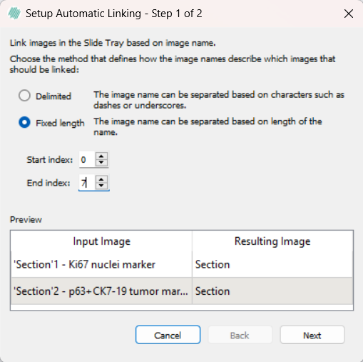 The Fixed Length option in the dialog, targeting the shared name part for the two tissue slides.