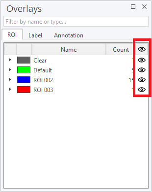 Clicking on an eye within the red box will toggle the visibility of that ROI class