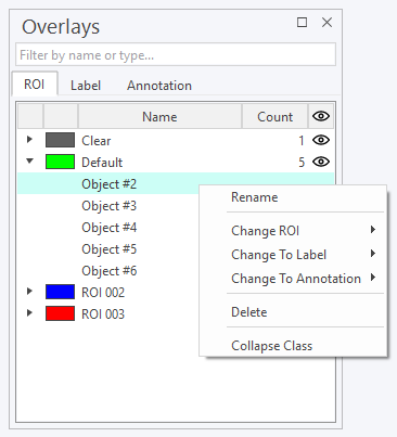 The right-click menu for a ROI object