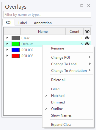 The right-click menu for a ROI class