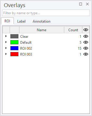 In this example, there are four different ROIs: Clear, Default, ROI 001 and ROI 002