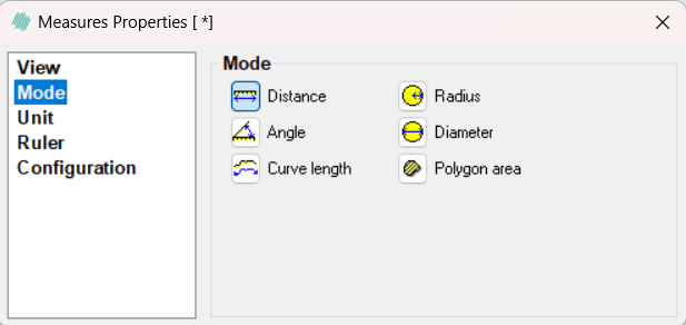 The user can choose between 6 different modes for the active measure tool.